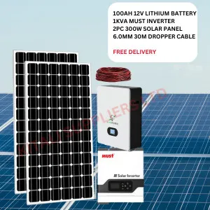 2 Pcs 300W Solar Panel, 100AH 12V Lithium Battery, 1KVA Must Inverter, 6.0MM 30M Dropper Cable