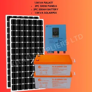 1.5kva solarpex inverter, 2pc 200ah battery, 2pc 300w solar panel