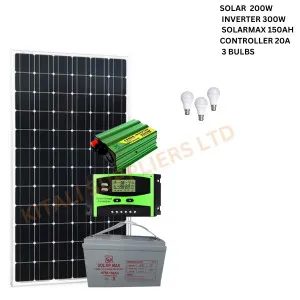 Solar Panel 200W, Inverter 300W, Solarmax Battery 150Ah, Controller 20A, 3 Bulbs