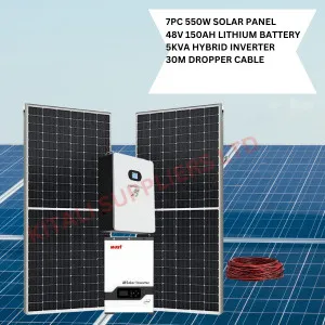 7Pcs 550W Solar Panel, 48v 150Ah Lithium Battery, 5KVA Must Inverter, 30M Dropper Cable