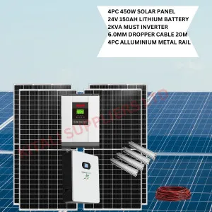 4Pcs 450W Solar Panel, 24v 150aLithium Battery, 2KVA Must Inverter, 6.00MM Dropper Cable 20M, 4Pcs Aluminium Metal Rails
