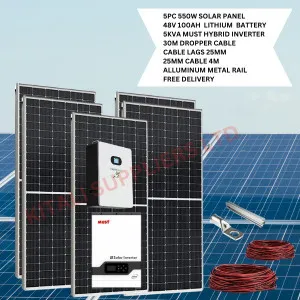 5Pcs 550W Solar Panel, 48v 100Ah Lithium Battery, 5KVA Must Inverter, 30M Dropper Cable, Cable lags 25MM, 25MM cable 4M, Aluminium Metal Rail