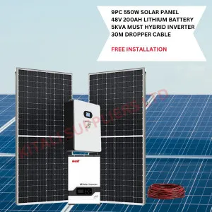 9Pcs 550W Solar Panel, 48v 200Ah Lithium Battery, 5KVA Must Inverter, 30M Dropper Cable