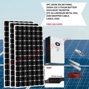 3pc 300w solar panel 150ah 12v lithium battery 1kva must inverter 20m dropper cable 2pc cable lags