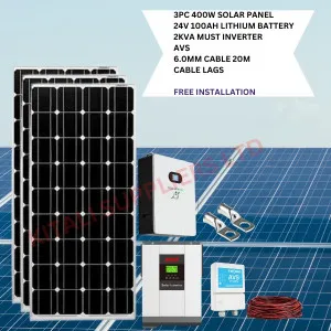 Solar kitali 400w panel  4pc, 24v lithium battery,  2kva must inverter,  AVS, 6.0mm 20m cable,cable lags