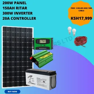 Solar Panel 200W, 150Ah Ritar Battery, 300W Inverter, 20A Controller (Free 2 Bulbs and 10m Cable)
