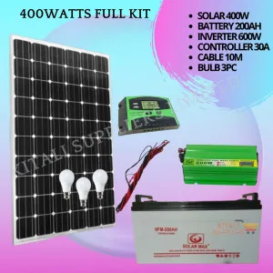 Solar Fullkit 400w With 200ah Battery+600w inverter+30a controller+10m cable+3 bulbs