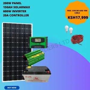 Solar Panel 200W, 150Ah Solarmax Battery, 600W Inverter, 20A Controller (Free 2 bulbs and 10m Cable)