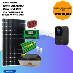 600W inverter, 200W panel, 150AH battery, 20A controller, 2 bulbs and 10m cable solar full kit