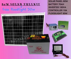 80w Solar Fullkit With Battery 70ah+150va inverter+10a controller+30w floodlight