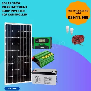 Solar Panel 100W, Ritar Battery 80Ah, 300W Inverter, 10A Controller (Free 2 bulbs and 10m cable)