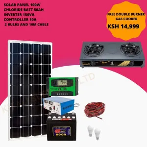 100W solar panel, chloride battery 50AH, 150VA inverter, controller 10A and 2 bulbs and 10m cable solar full kit