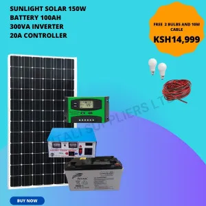 Sunlight Solar Panel 150W, Ritar Battery 100Ah, Inverter 300VA, 20A controller (Free 2 Bulbs and 10m Cable)