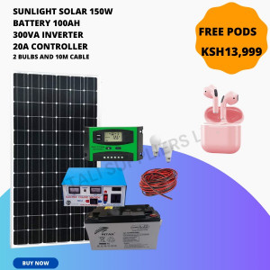 100ah battery,20a controller,150w solar panel,300w inverter,10m cable,2 bulbs