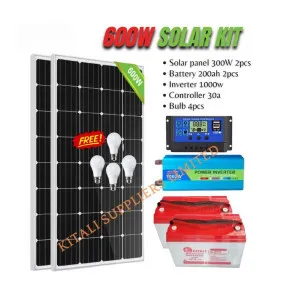 2pc 300w solar panel, 2pc 200ah kitali battery, 1000w inverter, 30a controller 4pc  bulbs
