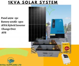 465w solar kitali panel 200ah battery, 1kva hybrid inverter, change over switch, avs
