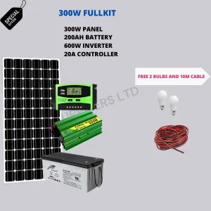 300W panel, 600W inverter, 200ah battery and 20A controller solar fullkit