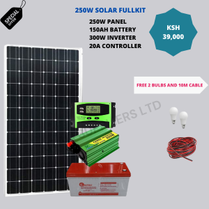 250w panel , 150ah battery, 300w inverter, 20a controller.