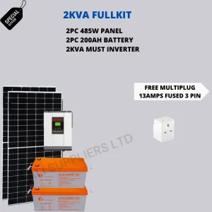 2KVA must inverter, 485W panel 2pc and 200AH battery 2pc solar fullkit