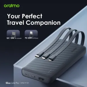 Oraimo Slice Link 10000mAh 12W Fast Charge 3 In 1 Portable Power Bank With Built-in Lightning & Type-C & Micro