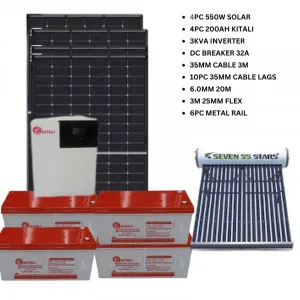 4pc 550w solar  4pc 200ah kitali,  3va hybrid inverter,  dc breaker32, 35mm cable 3m, 10pc 35mm cable lags, 6.0mm 20m dropper, flex conduit 3m,  6pc metal rail, 150liters water heater install