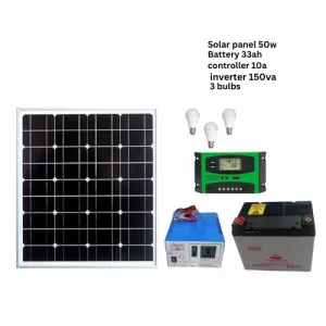 Solar panel 50w, Battery 33ah, controller 10a, inverter 150va and 3 bulbs solar fullkit