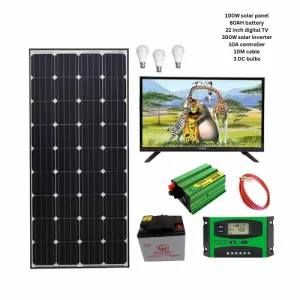 100W solar panel, 80AH battery, 22 inch digital TV, 300W inverter, 10A controller, 10M cable and 3 bulbs fullkit