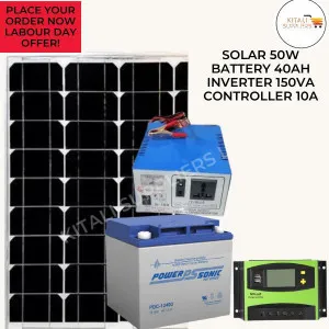 50w solar panel 40ah battery 150va inverter, 10a controller