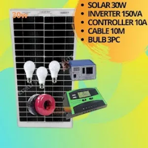 30w solar panel, 150va inverter,  10a controller 10m dropper cable 3pc bulbs