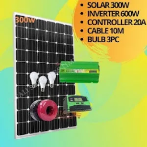 300w solar panel, 600w inverter 20a controller,  10m  dropper cablem, 3pc bulbs