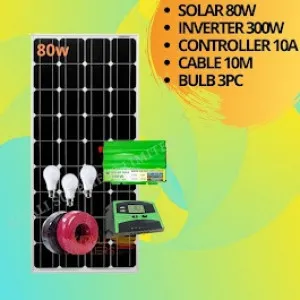 80w solar panel 300w inverter,  10a controller, 10m cable 3pc bulbs