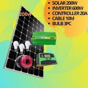 200w solar panel  600w inverter 20a controller 10m dropper cable 3pc bulbs
