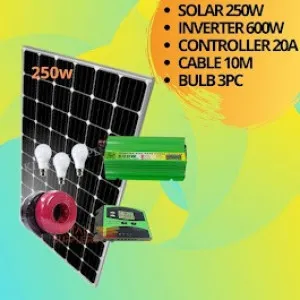 250w solar panel  600w inverter 20a controller,  10m dropper cable  3pc bulbs