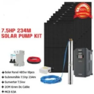 7.5hp 234m solar pump system, 18pc 485w solar panel, submersible 7.5hp pump, 7.5kw sunverter  20m 6.0mm dropper cable mcb 63a