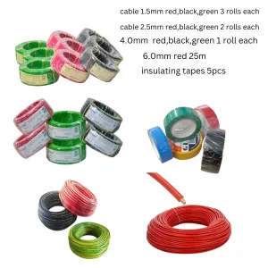 cable 1.5mm red,black,green 3 rolls each, cable 2.5mm red,black,green 2 rolls each, 4.0mm  red,black,green 1 roll each, 6.0mm red 25m, insulating tapes 5pcs