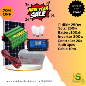 Fullkit 250w, Solar 250w battery 100ah,inverter 300w,controller 20a,bulb 3pcs,cable 10m