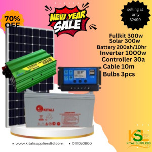 Fullkit 300w ,Solar 300w ,battery 200ah/10hr,inverter 1000w,controller 30a,cable 10m,bulb 3pcs