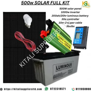 500w solar panel, 200ah 20hr battery 30a controller  1000w inverter, 10m dropper cable, 3pc bulbs
