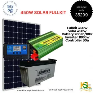 450w solar panel 200ah  10hr battery, 1000w inverter, 30a controller