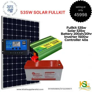535w solar panel, 200ah 20hr battery, 1500w inverter, 40a controller