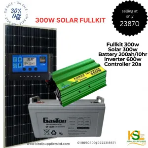 300w solar panel , 200ah battery 10hr, 600w inverter, 20a controller