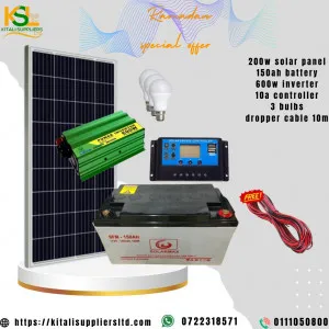 200w solar panel, 150ah battery, 600w inverter, 10a controller, 3pc bulbs dropper cable