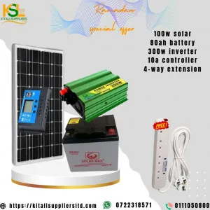 100w solar panel, 80ah battery  300va inverter, 10a controller, 4way extension