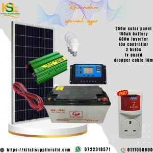 250w solar panel, 150ah battery dry cell 600w inverter, 10a controller 3pc bulbs, tv guard,