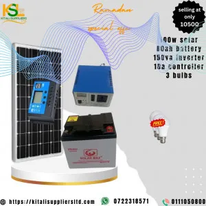 100w solar panel, 80ah battery, 150va inverter, 10a controller, 3pc bulbs