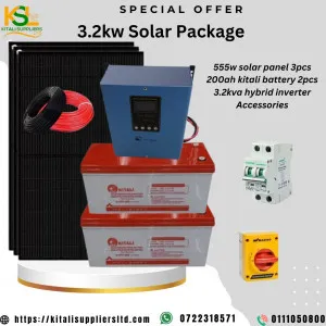3pc 555w solar panel, 2pc  200ah battery, 3.2kva hybrid inverter, plus Accessories