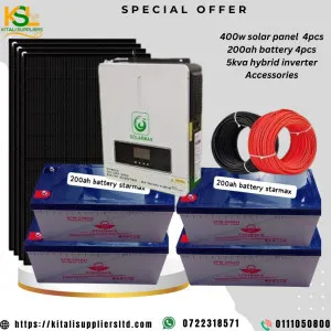 4pc 400w solar panel, 4pc  200ah dry cell battery, 5kva hybrid inverter,