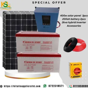 3pc 400w solar panel, 2pc  200ah seven ss battery,  2kva hybrid inverter plus accessories