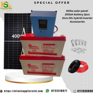 400w solar panel, 2pc 200ah battery 1kva  24v hybrid inverter