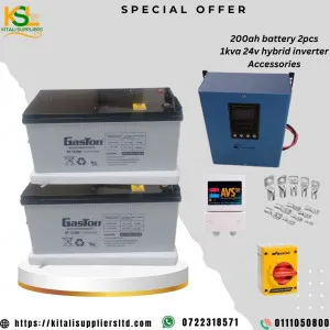 2pc  200ah dry cell battery, 1kva hybrid inverter, plus accessories